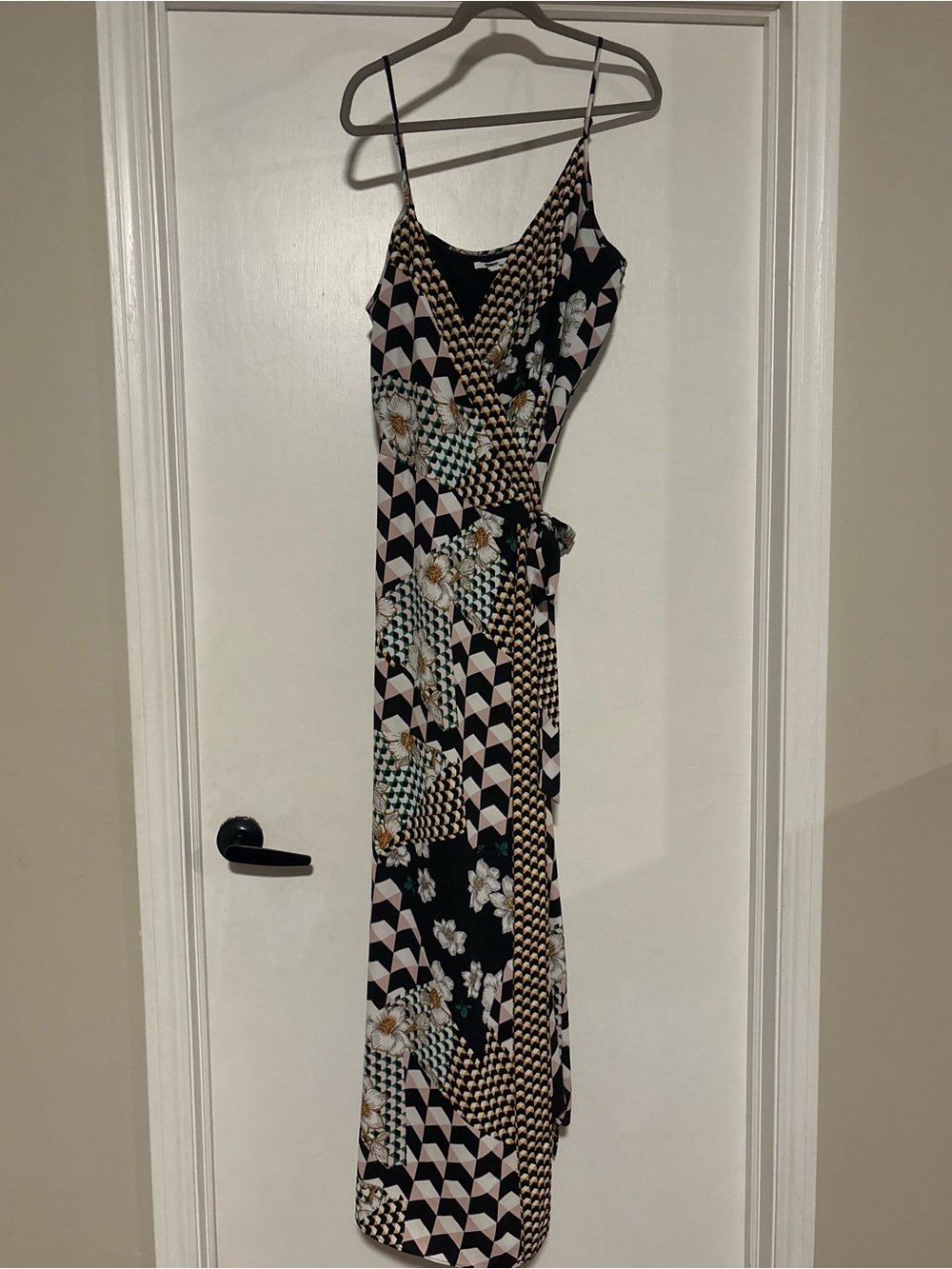 Bar III Black Geometric & Floral Wrap Maxi Dress with Cream and Gold Accents